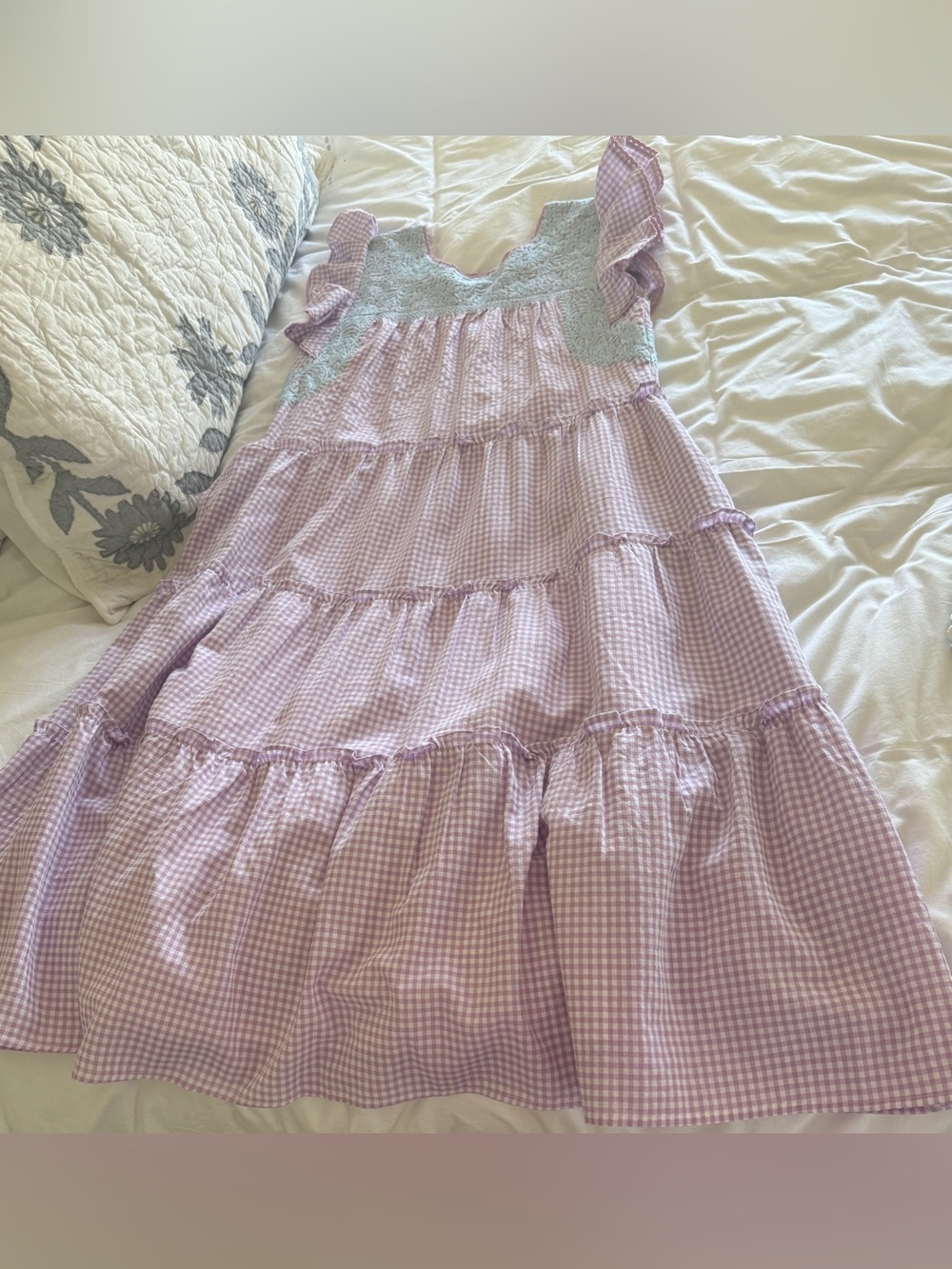 J Marie Tiered Seersucker Dress. Purple/white check - blue embroidery. Small.